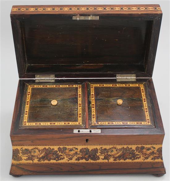A Tunbridge Ware rosewood Penshurst Place mosaic tea caddy, attributed to Henry Hollamby, 9.5in.